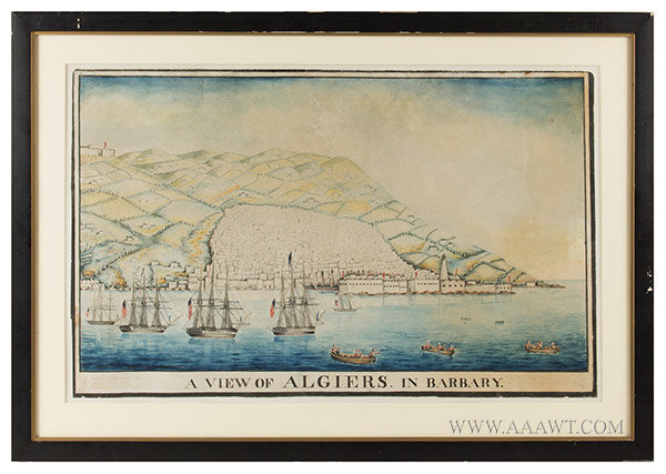 Watercolor, View of Algiers in Barbary, American Ships in Harbor, Naval History
Anonymous, inscription in margin identifying United States, Java & Constitution, entire view